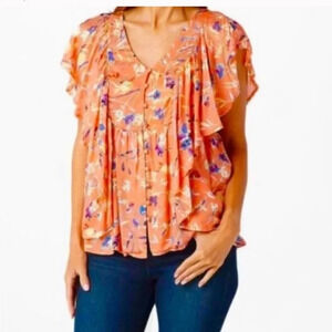 Haute Hippie Orange/Yellow Blue Modal Floral V Neck 1/4 Button Top Size Large